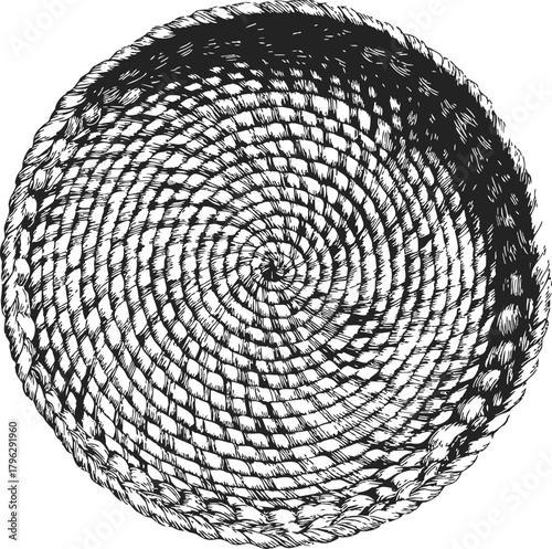 Woven basket top view sketch, hand drawn circular braided texture — stock vector