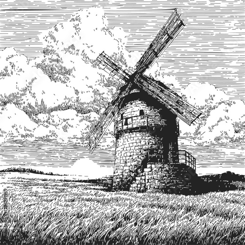 Windmill, hand drawn sketch with cross-hatching, rural landscape field — stock vector