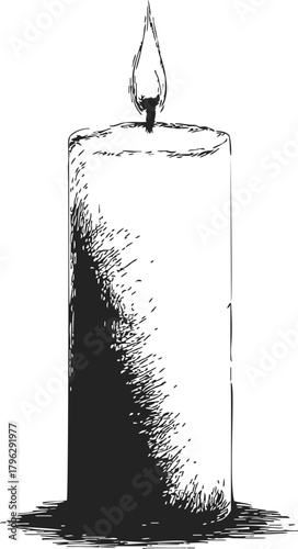 Candle sketch hand drawn style with burning flame and textured shading — stock vector