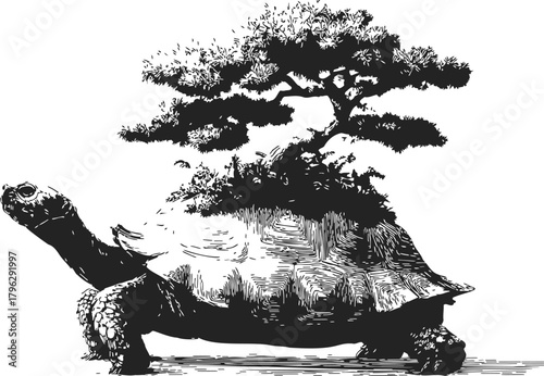 Tortoise sketch with bonsai tree growing on shell, hand drawn fantasy nature scene — stock vector