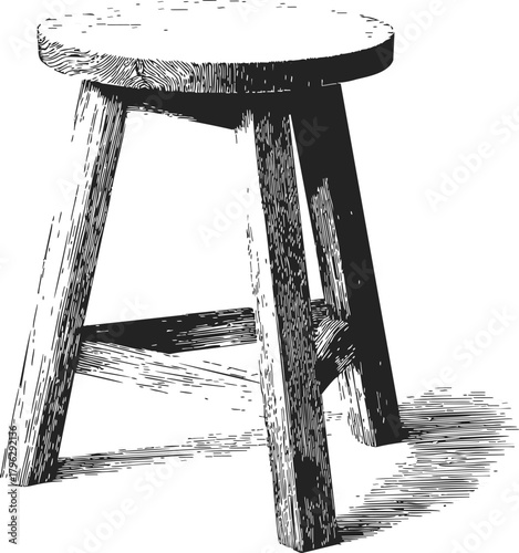 Wooden stool sketch, hand drawn rustic round seat with three legs — stock vector