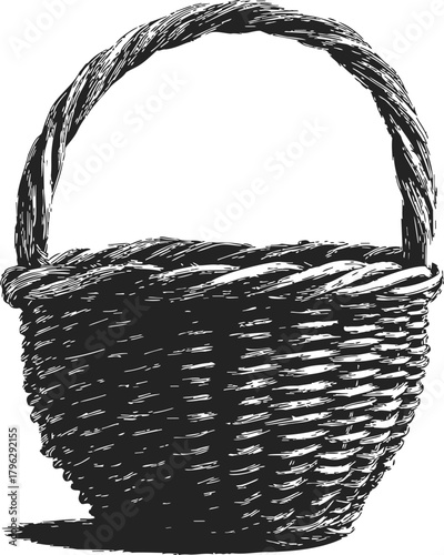 Wicker basket sketch, hand drawn style with woven handle and rustic texture — stock vector