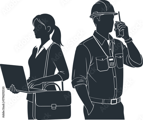 Silhouette businesswoman using laptop alongside engineer with radio communication device, professional teamwork illustration, industry workforce collaboration concept