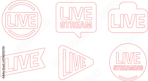 Various Red Outline Live and Live Stream/Streaming Icons in Different Shapes Against White Background