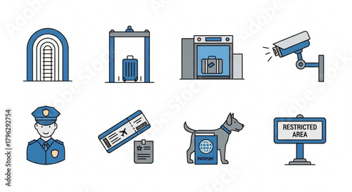Airport security icons set featuring security checkpoint, metal detector, surveillance camera, security guard, boarding pass, dog with passport, and restricted area sign