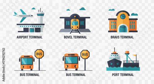 Collection of terminal icons featuring airport, boat, bus, train, and ship terminals, each with unique architectural designs and transportation elements