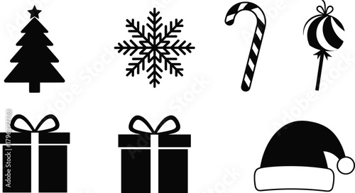 Silhouette Christmas icons set including tree, snowflake, candy cane, lollipop, gift boxes and Santa hat, festive holiday decoration design