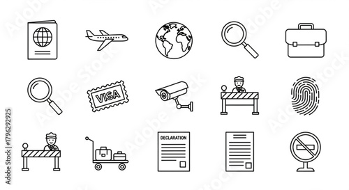 Airport and border control line art icons depicting passport, airplane, globe, magnifying glass, briefcase, visa, security camera, fingerprint, declaration, and no smoking sign