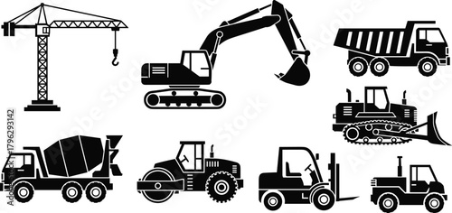 Silhouette construction vehicles including crane, excavator, dump truck, cement mixer, bulldozer, road roller and forklift, heavy machinery illustration set
