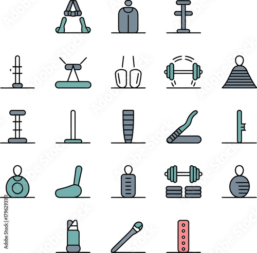 Collection of flat design icons for fitness and sports equipment Keywords: fitness, sports, equipment, icons, flat design, vector, exercise, gym