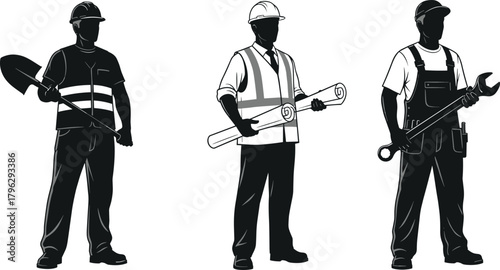 Silhouette construction worker with shovel, engineer holding blueprints, and mechanic with large wrench, industrial occupation illustration set for labor and engineering