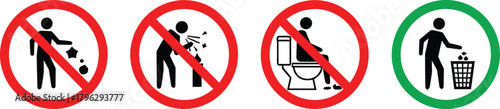 Cleanliness and hygiene instruction signs, prohibition and permission symbols for no littering, no spitting, proper waste disposal, and sanitation awareness