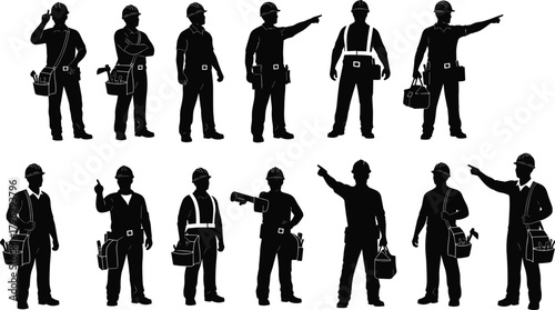 Silhouette construction workers in various poses with tools and equipment, professional labor workforce illustration, industrial job concept, builder actions collection