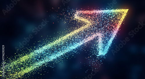 A dynamic arrow composed of vibrant, shimmering particles, pointing upwards against a dark background, symbolizing growth, progress, and positive direction in a visually stunning manner