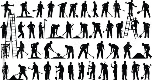 Silhouette construction workers performing various tasks with shovels, ladders and tools, labor workforce illustration set for industry, repair and building concepts
