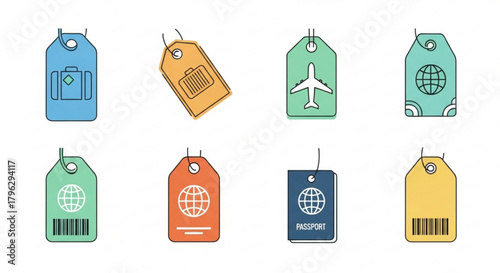 Collection of colorful travel tags featuring luggage, airplane, globe, passport, and barcode designs, perfect for travel, tourism, and vacationthemed projects