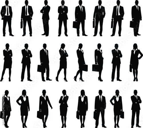 Collection of diverse business professional silhouettes in formal office attire standing in various confident poses for corporate teamwork and leadership concepts