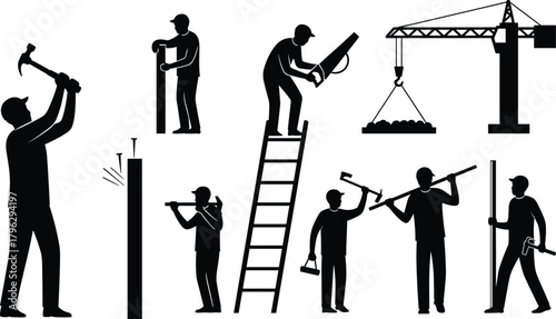 Silhouette construction workers using hammers, ladders, posts, tools and crane lifting load, industrial labor illustration set for building and repair work