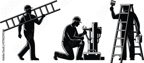 Silhouette construction workers using ladders, drills, and paint tools, professional industrial labor illustration, craftsmanship, maintenance, repair, building industry concept