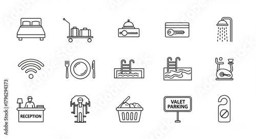 Hotel service icons bed, luggage cart, room service, credit card, shower, wifi, restaurant, pool, exercise bike, reception, valet parking