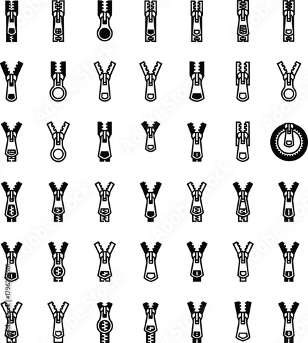 Collection of zipper icons showing various zipper styles, puller shapes, open and closed designs for clothing accessories sewing fashion illustration set