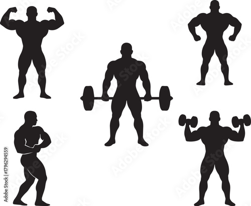 Bodybuilder Silhouette Set  Fitness Gym Workout Muscle Training Weightlifting Vector Illustration
