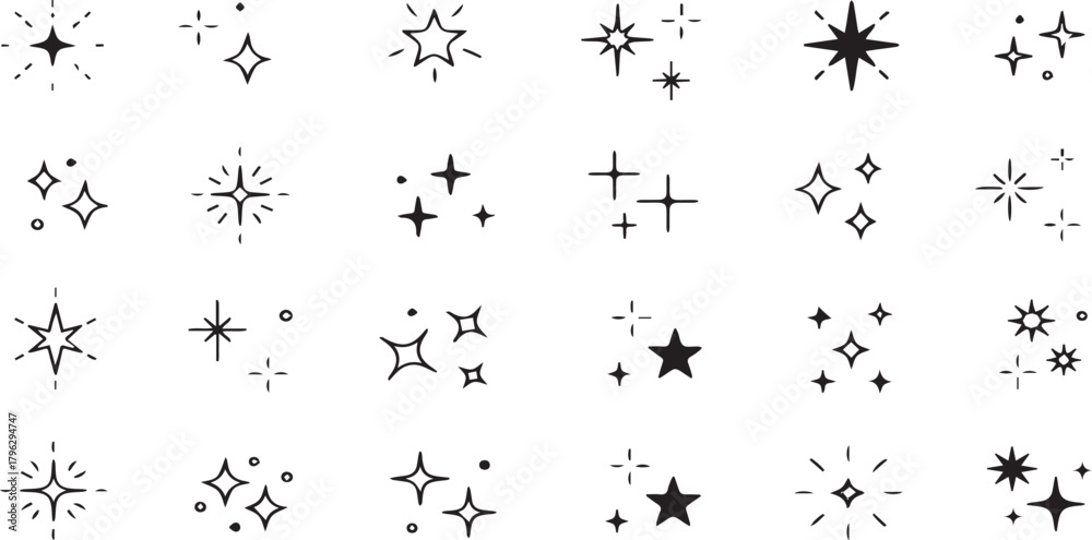 Naklejka premium Assorted Star Sparkles Collection | Set of Vector Black and White Starburst Icon Graphics for Design Elements and Overlay Effects
