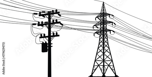 Silhouette electric power pole and high voltage transmission tower with cables, energy distribution illustration, utility infrastructure, electricity network concept