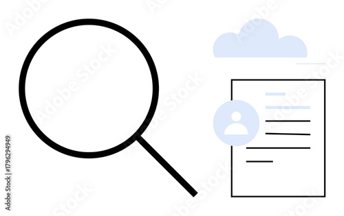 Magnifying glass examining profile document with a cloud in the background. Ideal for research, recruitment, analysis, investigation, organization, job search, and process simplification. Simple flat