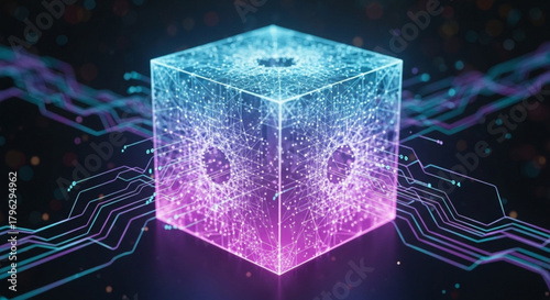 Abstract technology cube with glowing lines and circuit patterns, representing artificial intelligence, quantum computing, and futuristic innovation