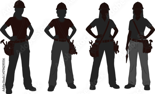 Silhouette female construction workers standing confidently, tool belts and hard hats, professional labor workforce illustration, engineering craftsmanship, industrial occupation concept