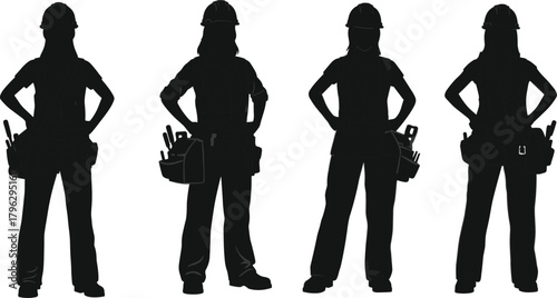 Silhouette female construction workers standing with tool belts and hard hats, industrial labor illustration set, professional workforce, engineering craft concept
