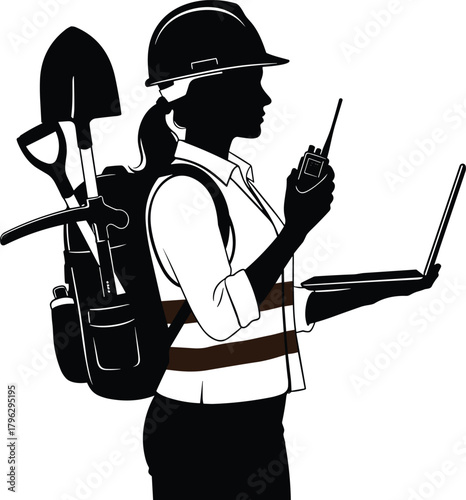 Silhouette female field engineer using laptop and radio, carrying backpack tools, construction technology worker illustration, professional industry equipment concept