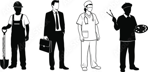 Silhouette professionals including construction worker, businessman, doctor, and artist, diverse occupation illustration, career roles, workforce concept, job industry design