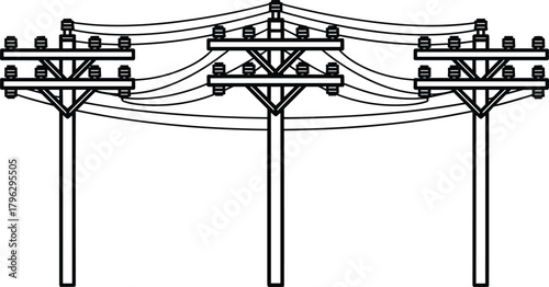 Silhouette utility poles with multiple overhead electrical wires, power distribution illustration, energy transmission network, infrastructure electric line vector design