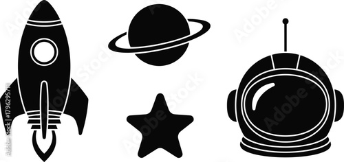Space exploration vector set with rocket, astronaut helmet, planet and star icons, futuristic science illustration for cosmic adventure designs
