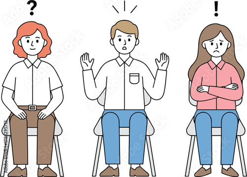 Confused people sitting on chairs expressing emotions, question mark and exclamation mark reactions, body language illustration, communication and psychology concept