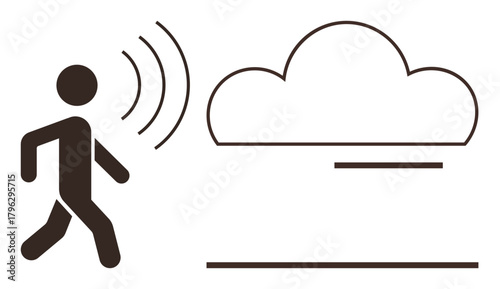 Person walking and emitting wireless signals toward a cloud, symbolizing data storage, IoT, or cloud communication. Ideal for technology, connectivity, automation, networking, mobility innovation
