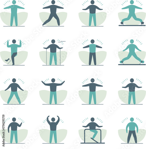 Set of stylized figures performing various exercises and movements , exercise, fitness, movement, figure,