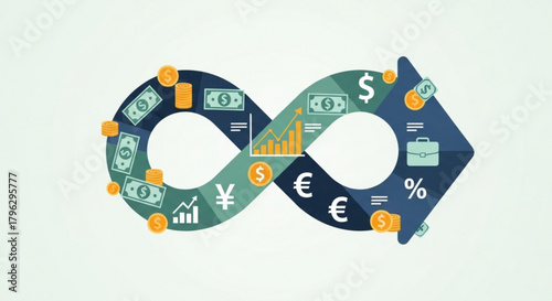Infinity loop with money symbols representing financial growth and investment, a dynamic illustration of currency and economic progress