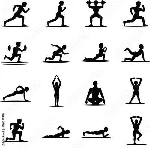 Silhouette icons of people exercising and doing yoga poses , exercise, fitness, workout, silhouette, icon