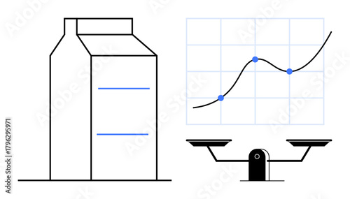 Balance scale, rising line graph with points, and carton outline suggest economic analysis, supply chains, and statistical balance. Ideal for finance, equilibrium, statistics, sustainability retail