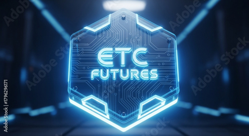 Futuristic etc futures logo with neon blue accents, set against a dark background, representing the cuttingedge technology and investment opportunities in crypto