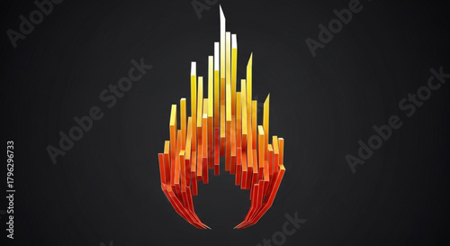 Abstract 3d render of a stylized flame or fire shape, created from many individual rectangular prisms, with a gradient from red to yellow to white on a dark background