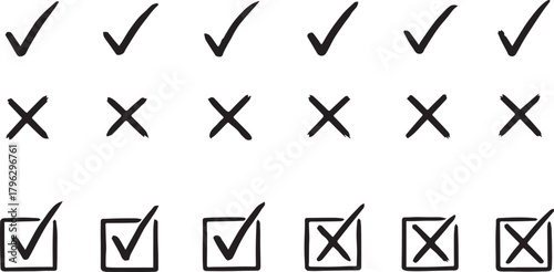 Check Marks and Cross Marks Set - Drawn Validation Symbols for Forms, Surveys and User Interface Design