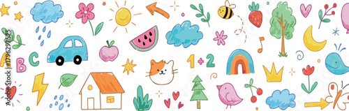 Whimsical Watercolor Doodle Set for Kids | Cute Cartoon Illustrations for Children's Books, Educational Resources, and Creative Projects