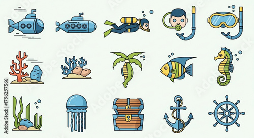 Underwater world icons a set of vector icons depicting marine life, diving equipment, and nautical elements for various design projects
