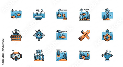 Underwater scene icons a collection of vector icons showcasing various underwater scenes, marine life, and submerged objects for design projects