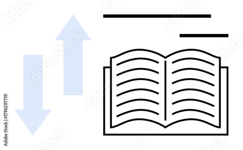 Open book with wavy pages and upward and downward arrows signifying knowledge flow and information sharing. Ideal for education, learning, communication, research, literacy, exchange, simple flat
