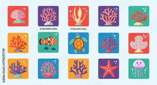 Collection of colorful coral icons and sea creatures, including staghorn coral, brain coral, jellyfish, starfish, clownfish, and turtle, on a light blue background